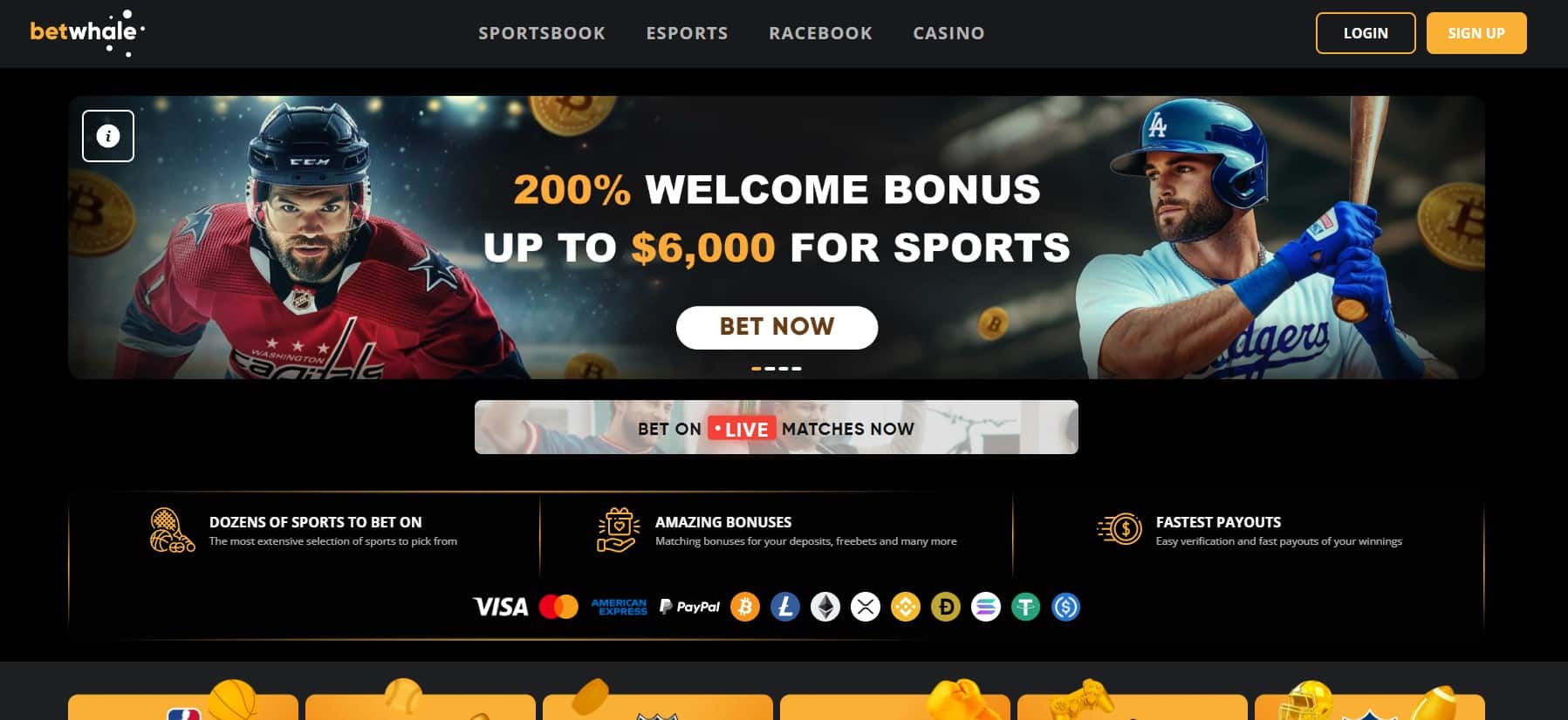 BetWhale Texas Sports Betting Site Front Page Screenshot showing the main welcome promotion